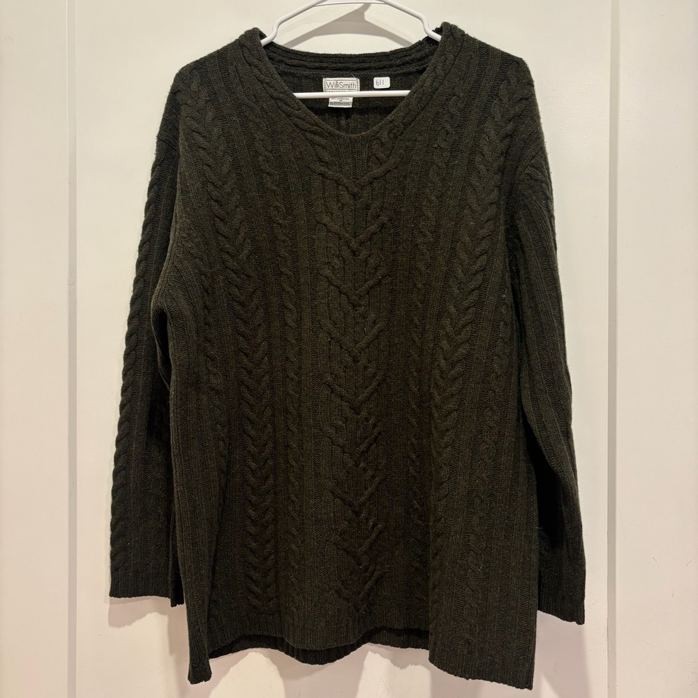 Willi Smith Collection Black Brown 100% Lambswool Cable Knit V-Neck Sweater M